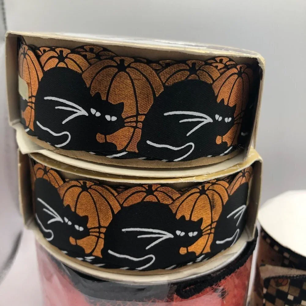 VINTAGE Halloween Crafting Ribbon Lot of 4 Wide Cat Spiderweb Witch Foil  NWT - Picture 2 of 12